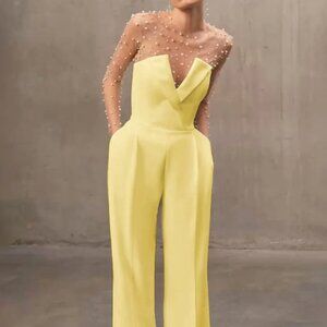 NWT Light Yellow Imitation Pearls Strapless Jumpsuit